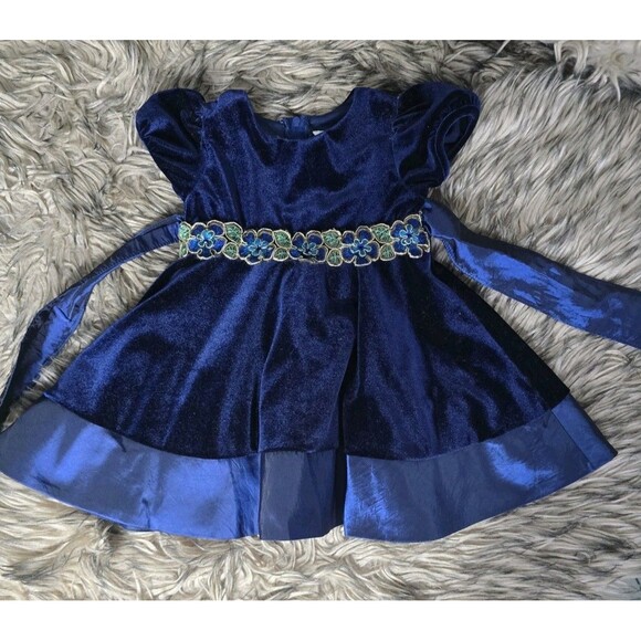Rare Editions Baby Girl Navy Blue Velvet Dress Floral Waist 12M Holiday - Picture 2 of 4